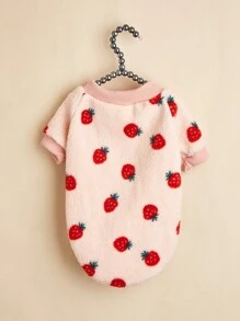 1pc Strawberry Fruit Pattern Plush Pet Clothes, Warm Dog Hoodie, Cat Sweatshirt - Multicolor - View 1
