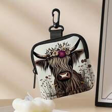 别致高地牛印花大容量仿皮钱包 - 防水，多功能，带拉链零钱包、钥匙和卡夹，以及无线耳塞存储数据线小挂包充电器便携包电缆整理盒行李旅行包电缆包电子数据线床头存储适用于旅行 Airpods 相机收集女性男性儿童圣诞礼物必备教师用品防水轻便大容量便携式配件 - 米色 - 查看 4