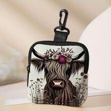 别致高地牛印花大容量仿皮钱包 - 防水，多功能，带拉链零钱包、钥匙和卡夹，以及无线耳塞存储数据线小挂包充电器便携包电缆整理盒行李旅行包电缆包电子数据线床头存储适用于旅行 Airpods 相机收集女性男性儿童圣诞礼物必备教师用品防水轻便大容量便携式配件 - 米色 - 查看 5