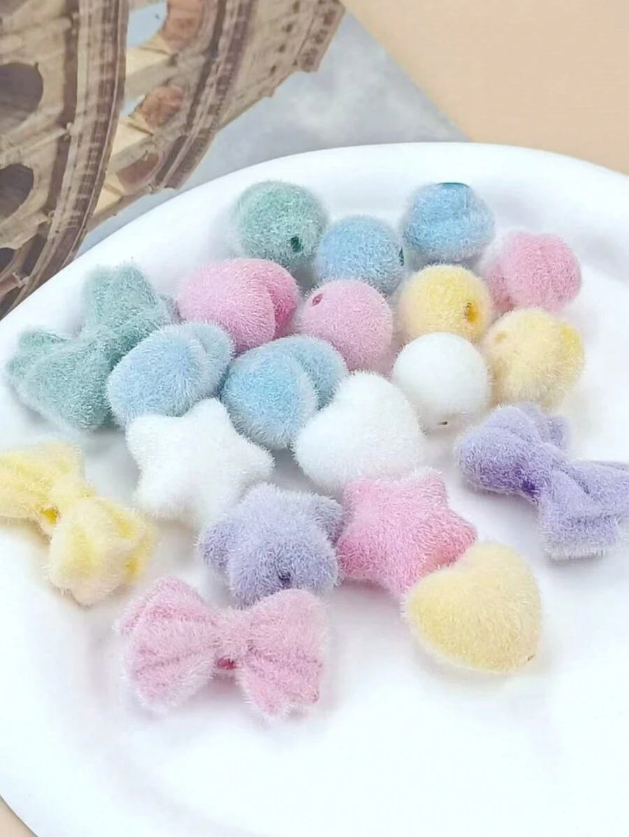 10pcs/Set Mixed Style Flocked Heart, Star, Bell, Bow Beads DIY Decorative Jewelry Accessories