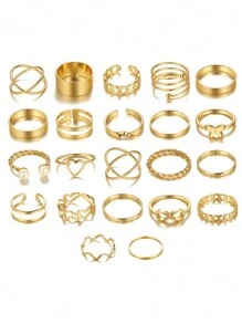 22pcs/Set Multi-Joint Open Rings Set, Heart Shaped & Butterfly Design Fashion Rings For Women Valentines,Mom,Mother,Mother's Day,Gift - Gold - View 2