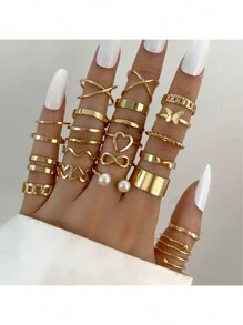 22pcs/Set Multi-Joint Open Rings Set, Heart Shaped & Butterfly Design Fashion Rings For Women Valentines,Mom,Mother,Mother's Day,Gift - Gold - View 3