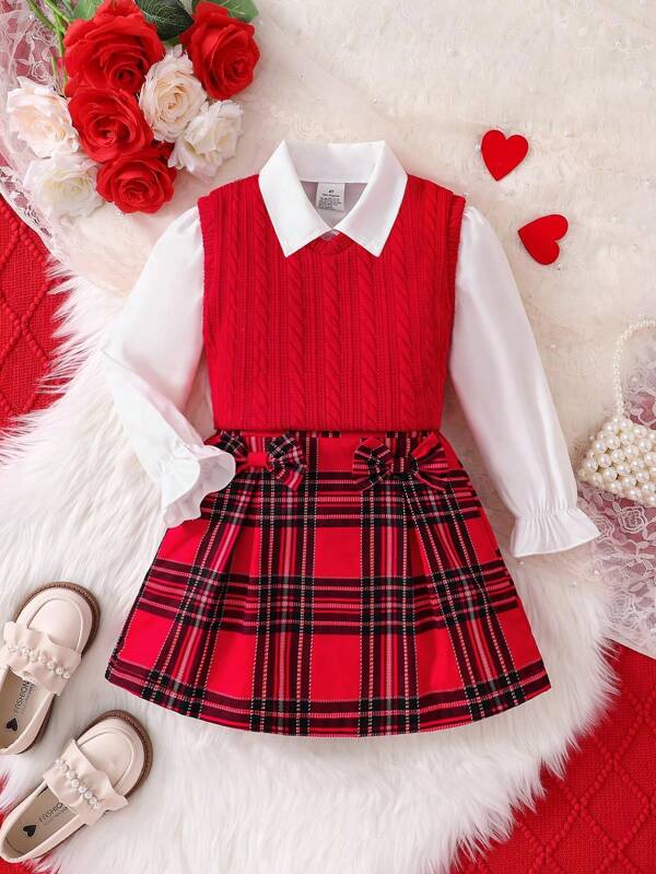 3pcs/Set Young Girls Fashion Spring/Autumn Outfit, Including Solid Color Lapel Blouse, V-Neck Knit Vest, And Plaid Bow Elastic Waist Skirt, Comfortable Casual Versatile Childrenswear