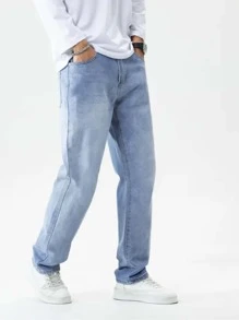 Men's Straight Baggy Jeans Premium Streetwear Oversized Rapper Denim Skater Style Loose Fit - Light Wash - View 1