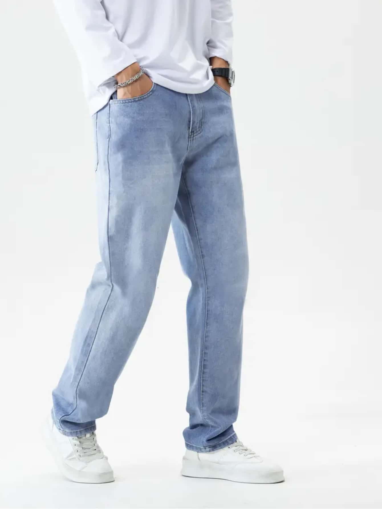 Men's Straight Baggy Jeans Premium Streetwear Oversized Rapper Denim Skater Style Loose Fit - Light Wash - View 1
