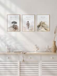 3 幅圣经章节帆布海报耶稣像挂画自然风景画波西米亚风墙壁艺术时尚挂画基督徒最喜爱的礼物客厅办公室书房卧室墙壁装饰无框架 - 米色 - 查看 6