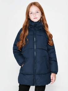 Tween Girl Solid Color Long Sleeve Kangaroo Pocket Casual Hooded Outwear Jacket, Winter - Navy Blue - View 4