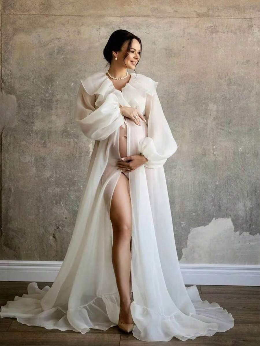 Maternity Ruffle Lantern Sleeve Chiffon Robe Gown Dress For Photoshoot - 白色 - 查看 1