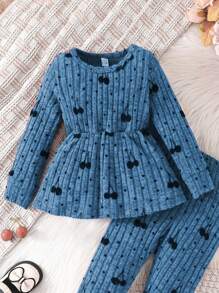 2pcs Set Baby Girl Comfy Adorable Spring/Autumn Ribbed Fuzzy Cherry Waist Long Sleeve Top And Pants Outfit - Blue - View 2