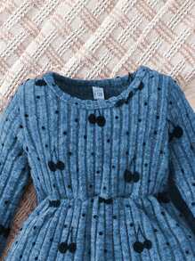 2pcs Set Baby Girl Comfy Adorable Spring/Autumn Ribbed Fuzzy Cherry Waist Long Sleeve Top And Pants Outfit - Blue - View 4