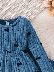2pcs Set Baby Girl Comfy Adorable Spring/Autumn Ribbed Fuzzy Cherry Waist Long Sleeve Top And Pants Outfit - Blue - View 5