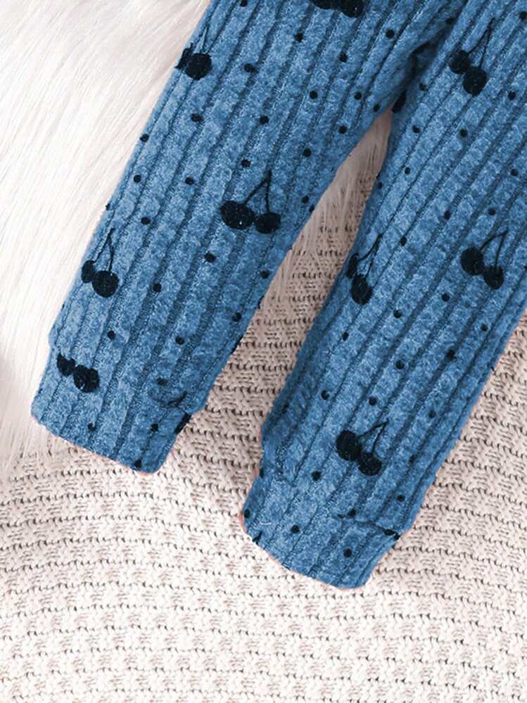 2pcs Set Baby Girl Comfy Adorable Spring/Autumn Ribbed Fuzzy Cherry Waist Long Sleeve Top And Pants Outfit - Blue - View 6
