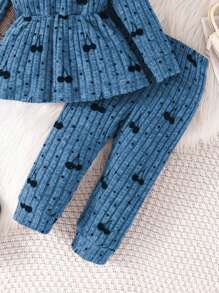 2pcs Set Baby Girl Comfy Adorable Spring/Autumn Ribbed Fuzzy Cherry Waist Long Sleeve Top And Pants Outfit - Blue - View 3
