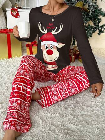 Conjunto de pijama navideño de 2 piezas con gorro de Papá Noel y nariz roja de reno en la parte superior de manga larga, y pantalones con estampado de renos y copos de nieve, ropa de dormir casual para otoño e invierno