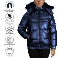 Womens Full Zip Heavyweight Bubble Jacket With Detachable Fur Hood - Navy - View 7