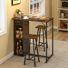 Small Bar Table And Chairs Set For 2, 3-Piece Bar Table Set With Storage Drawer & Shelf, Space Saving Table For Small Apartment, Living Room,Kitchen,Dining Room,Retro