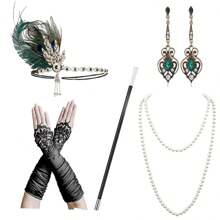 5/7 件 1920 年代风格头饰套装:羽毛头带、手套、仿珍珠项链、手扇、吊坠耳环 - 轻佻女郎派对服装配饰、复古万圣节服装情人节情人节舞会 - 黑色 - 查看 3