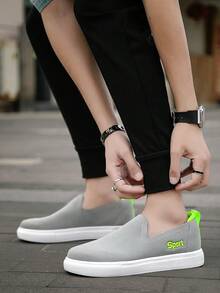 男士时尚撞色字母图案一脚蹬乐福鞋，简约风格轻便透气休闲户外鞋 - 灰色 - 查看 6