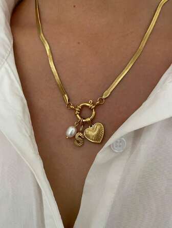 1 pieza Nuevo collar con dije de letra y corazón de lujo enchapado en oro de 18K con perla artificial, accesorio de moda para mujeres, regalo para San Valentín, mamá, madre, Día de la Madre