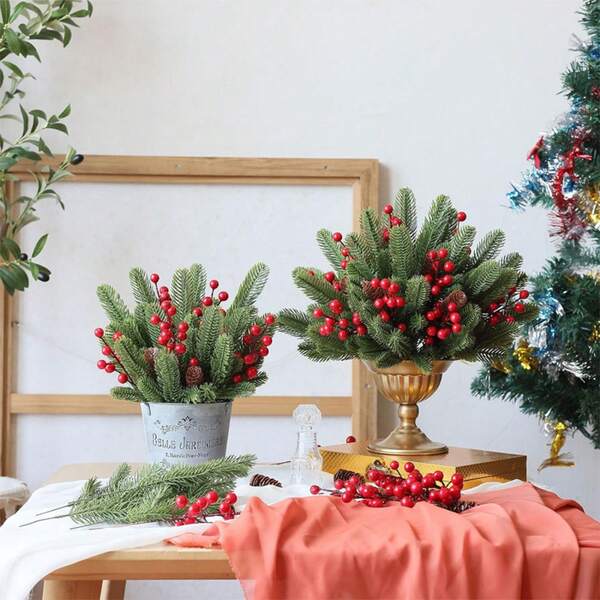 Christmas Pine Branches Artificial Holly Berries Xmas Fake Branches Red Berry Stems Red Berry Stems Picks Pine Needles Branches Garland For Home DIY Wreath Holiday Decoration