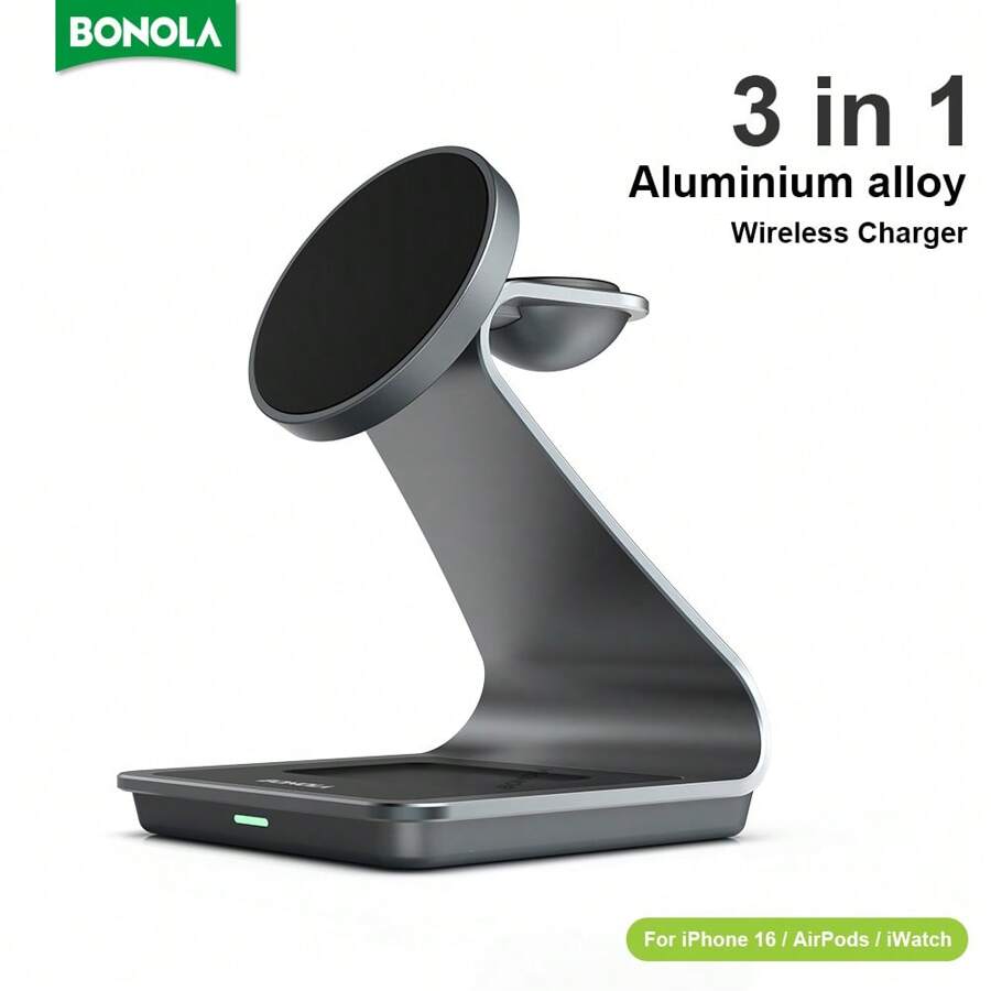 Cargador inalámbrico magnético 3 en 1 de metal Bonola, compatible con iPhone 13/14/15/16 Pro Max / Estación de carga rápida inalámbrica de 28W compatible con Series/Pro
