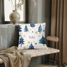 1 pièce Taie d'oreiller imprimée sur un côté, fond de sapin de Noël bleu et neige avec motif de nom, décoration d'intérieur esthétique, emballage de style moderne, décoration de maison, chambre à coucher, bureau, maison, salon, chambre à coucher