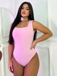 Women's Leotard Bodysuit Square Neckline Wide Strap Versatile Shaper Blogger Foreign Fashion - 淺粉色 - 查看 2