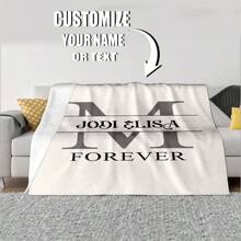 1pc Customized Text Fleece Blanket, Personalized Blanket With Text For Mother's Day Gift For Mom, Father's Day Gift For Dad, Bedding, Family Customized Blanket With Name Or Text