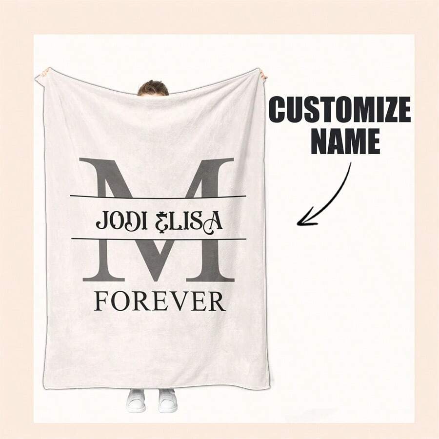 1pc Customized Text Fleece Blanket, Personalized Blanket With Text For Mother's Day Gift For Mom, Father's Day Gift For Dad, Bedding, Family Customized Blanket With Name Or Text