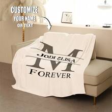 1pc Customized Text Fleece Blanket, Personalized Blanket With Text For Mother's Day Gift For Mom, Father's Day Gift For Dad, Bedding, Family Customized Blanket With Name Or Text