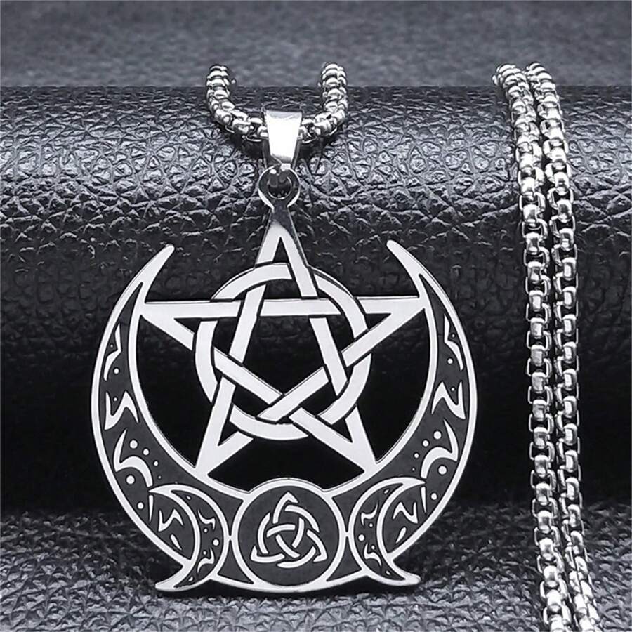 女巫结五角星三月女神项链女士男士不锈钢巫术新月链首饰男女时尚配饰万圣节礼物 - 項鍊 - 查看 1
