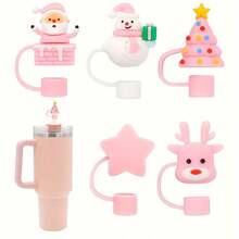 1/6pcs Christmas Silicone Straw Toppers, Santa Claus, Snowman, Christmas Stocking, Christmas Tree, Deer, Star, Reusable 10mm Straw Covers, Christmas & - Multicolor - View 1