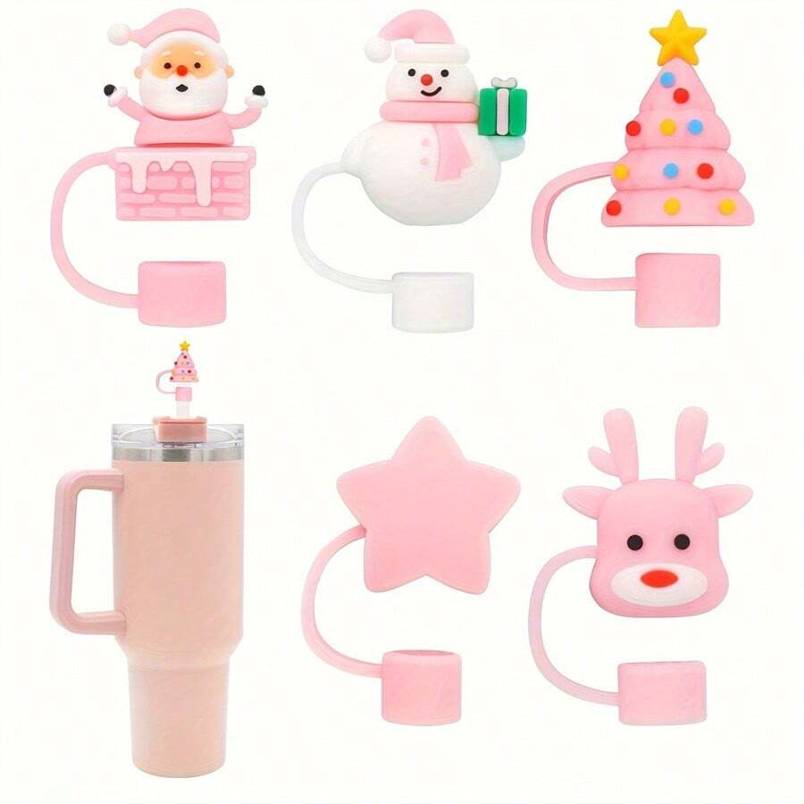 1/6pcs Christmas Silicone Straw Toppers, Santa Claus, Snowman, Christmas Stocking, Christmas Tree, Deer, Star, Reusable 10mm Straw Covers, Christmas & - Multicolor - View 1