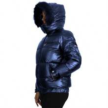 Womens Full Zip Heavyweight Bubble Jacket With Detachable Fur Hood - Navy - View 4