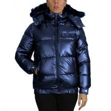 Womens Full Zip Heavyweight Bubble Jacket With Detachable Fur Hood - Navy - View 3
