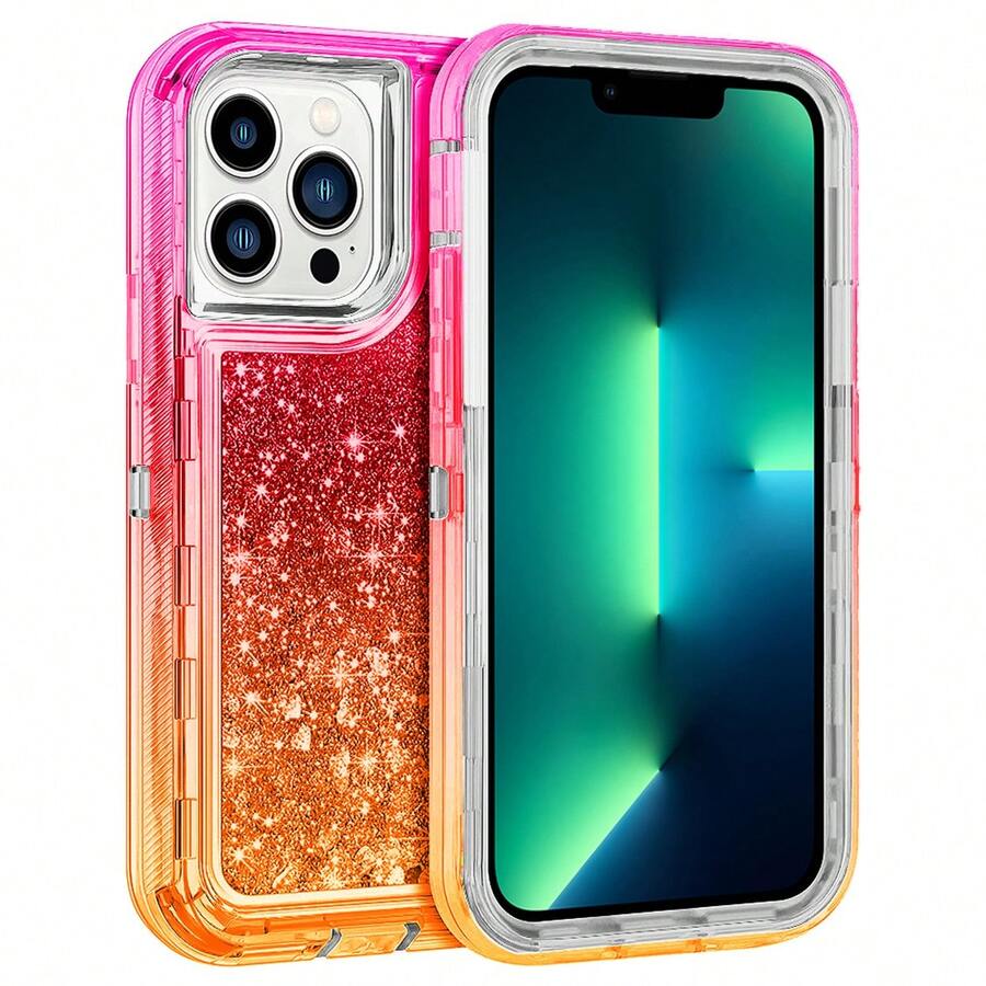 Modes Wireless For IPhone 15 Pro 6.1 Inch Dual Layer Protective Shockproof Tough Defender Sparkling Liquid Glitter Heart Case Cover - 粉紅色/金色 - 查看 1