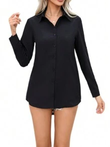 HELYO Tops Women's Autumn And Winter Solid Color Casual Chiffon Woven Button Bottom Long Shirt - Black - View 3