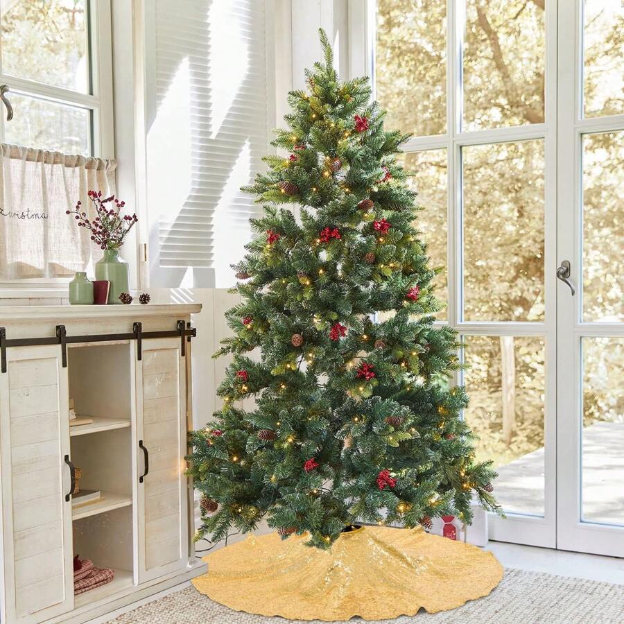 1pc 36/48 Inch Gold Sequined Christmas Tree Skirt, Shiny Christmas Tree Skirt For New Year Party Indoor Holiday Tree Decor Best Gifts Birthday Home Decor Christmas Decorations Room Decor Winter