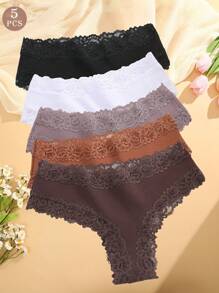 FINETOO 5pcs/Set Women's Romantic Floral Lace Low-Waist Scrunch Thong Panties