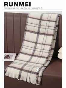 1pc Thick Black And White Striped Scarf For Women, European And American Style Faux Cashmere Plaid Warm Plaid Tassel Shawl Blanket  Winter Fall - White - View 3