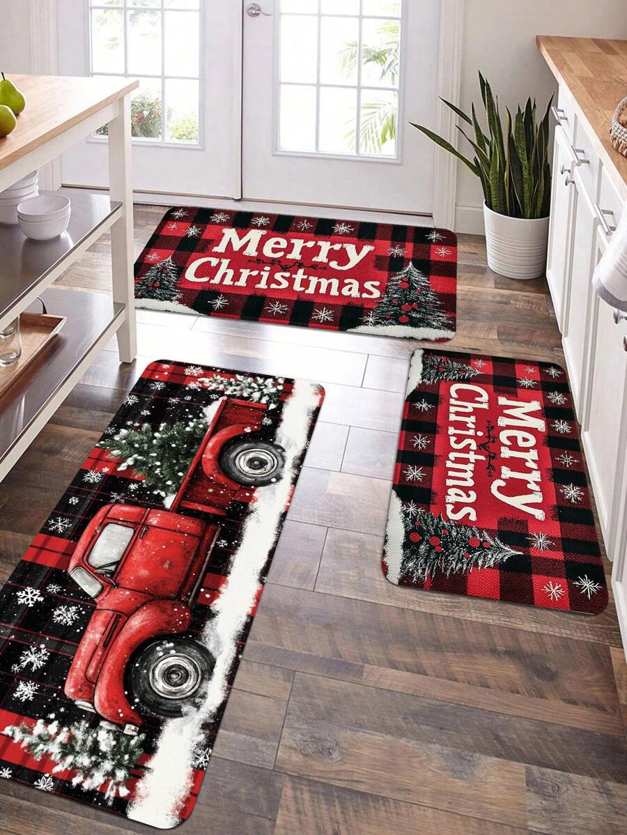 1PC Thảm nhà bếp Farmhouse Memory Sponge, Thảm chùi chân hình xe tải màu đỏ có cây thông Noel, Thảm chùi chân hình bông tuyết họa tiết vân gỗ cổ điển, Thảm chống trượt cho phòng ngủ, phòng tắm, thảm trải sàn nhà bếp, trang trí ngày lễ - Màu vàng - Xem 1