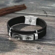 1pc Custom Engraved Leather Bracelets For Men And Women, Personalized Eye Photo Customization, Stylish And Durable Men's Gifts,Birthday Gifts For Him, Father's Day Gifts - Black - View 2
