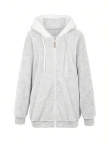 Women's Loose Fluffy Solid Color Hooded Jacket, Fall/Winter