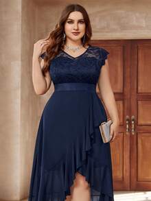 Plus V Neck Floral Lace Contrast Chiffon Ruffle Split High Low Hem Formal Party Long Dress Wedding Guest Dress Evening Dress,Gown - Navy Blue - View 7