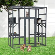 70Inches Large Spacious Wooden Catio Outdoor Cat Enclosure With Perches And Condos, Cat Cage Indoor With Waterproof Roof, 7 Platforms & 2 Resting Box, UV Resistant (Grey/Orange/Gothic) - Grey - View 9