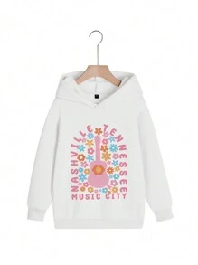 Tween Girl Casual Graphic Hooded Fleece Sweatshirt For Fall Winter - White - View 4