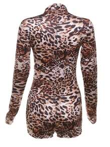 Street Style Leopard Print Long Sleeve Bodycon Jumpsuit - Multicolor - View 7