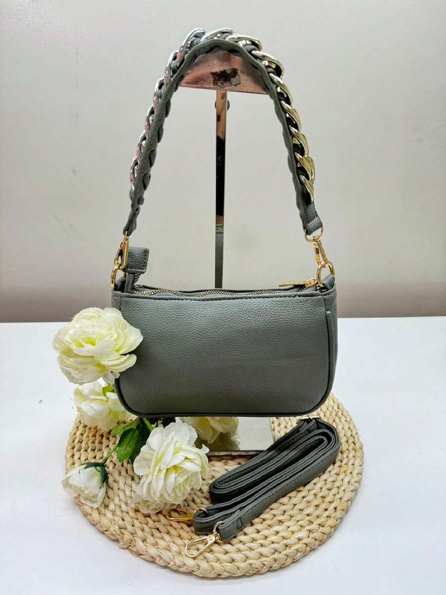 Women's CrosBody Crossbody And Shoulder Bag, Detachable And Adjustable, With Silver And Gold Interlaced Detailing - màu xanh lá - Xem 1