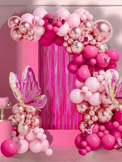 108pcs, Hot Pink Balloon Garland Arch Kit, Pink Rose Metallic Latex Balloon With Two Foil Butterfly Balloon Decoration For Princess Birthday Party Bridal Shower Background Decoration