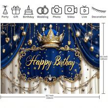 1 pieza Lona de fondo para fotografía de fiesta de cumpleaños de príncipe real, utilidad múltiple de tapiz decorativo de fiesta de poliéster 210 x 150 cm / 150 x 100 cm / 100 x 75 cm, Telón de fondo azul real y dorado de lujo con corona de príncipe para fiesta de cumpleaños, Decoración vintage para fiesta de cumpleaños de príncipe, Suministros para mesa de pastel de cumpleaños, Decoración de habitación y tela de fondo para estudio de fotografía de retrato, Navidad - Multicolor - Ver 15